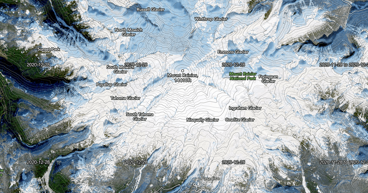 Live satellite map of Mt Rainier on Dec 28, 2020